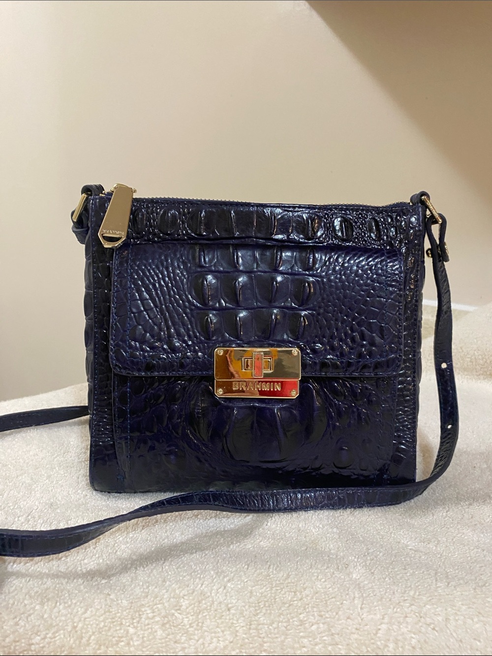 Brahmin Deep Navy Croc-Embossed Crossbody with Gold Hardware